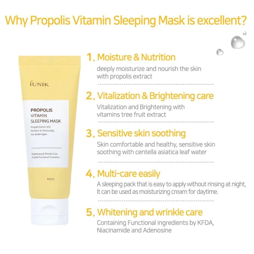 IUNIK Propolis Vitamin Sleeping Mask, masque nuit coréen pour peaux matures et sensibles