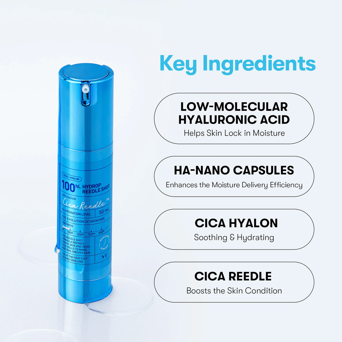 VT Hydrop Reedle Shot 100, sérum microneedling à l'acide hyaluronique bas poids moléculaire