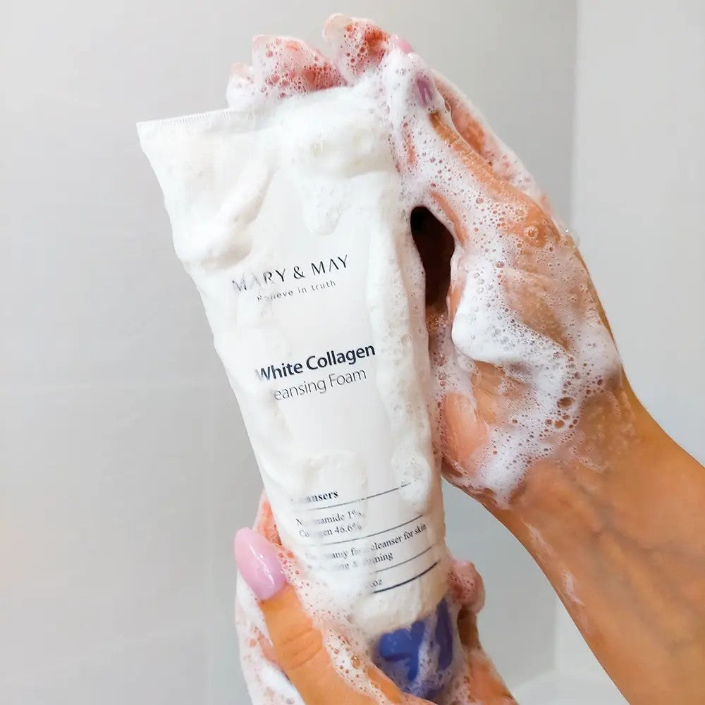 Mary & May White Collagen Cleansing Foam, nettoyant visage doux pour une peau soyeuse, tous types