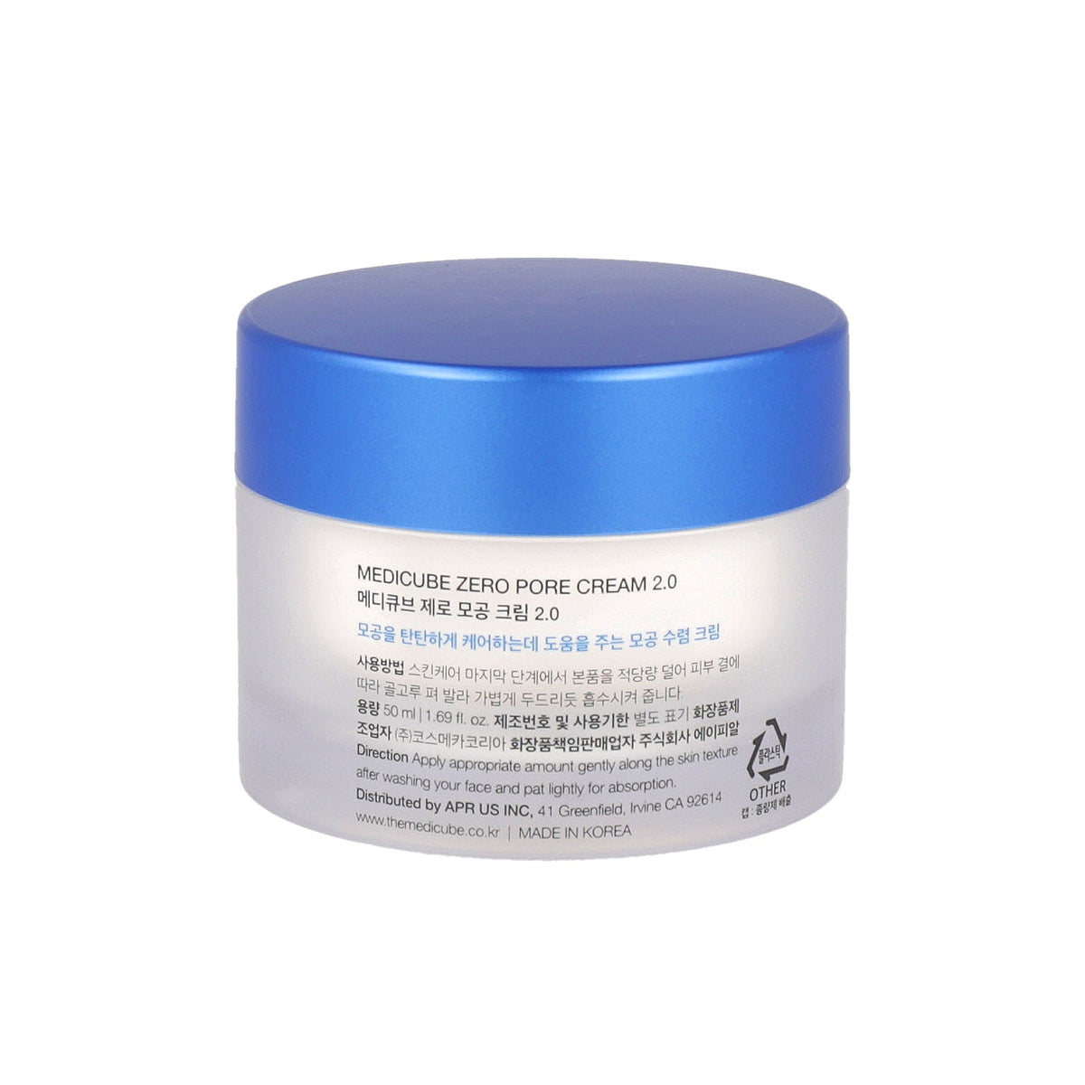 Medicube Zero Pore Cream 2.0 50ml, dos du pot mode d'emploi 50ml, soin coréen K Beauty Cosmetics