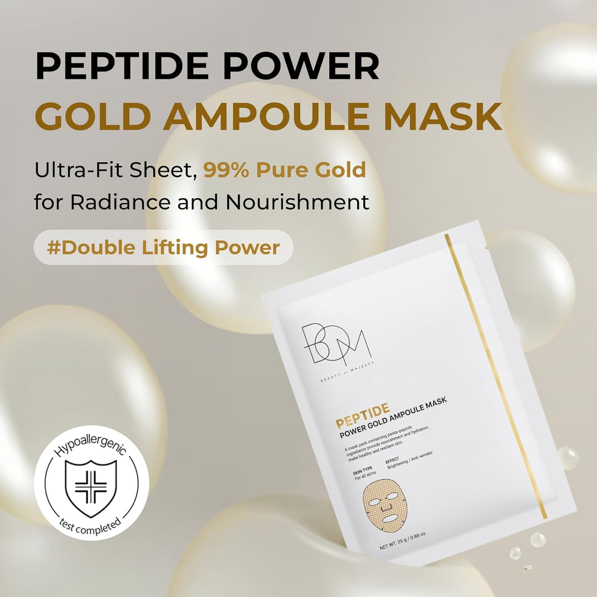 Beauty of Majesty Peptide Power Gold Ampoule Mask, masque tissu à l'or anti-âge coréen K Beauty Cosmetics