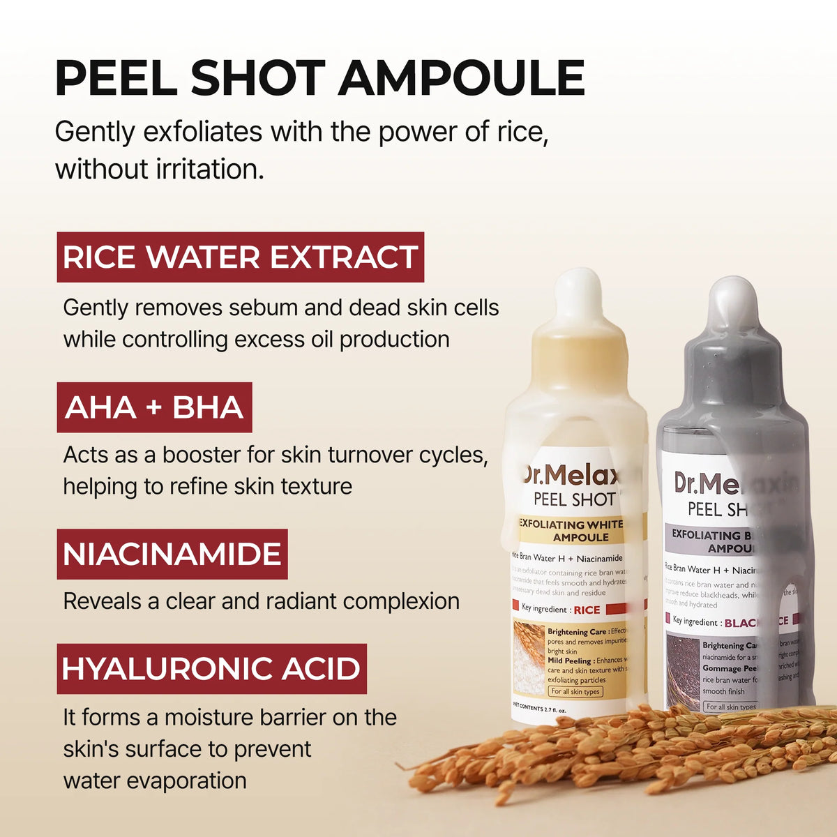 Dr. Melaxin Peel Shot White Rice Ampoule, soin coréen à la niacinamide pour peau mixte et acnéique