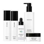 Pack REPOVE Essentials + : 6G AB Solution (Solution A et Solution B), HydroDNA 95 Ampoule, Whole Body Wash Essence et R.E.P Cream sur fond blanc